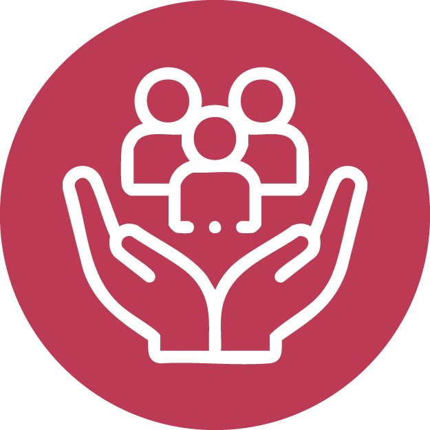 Warm red community illustration with nurturing hands and supportive figures symbolizing care and togetherness.