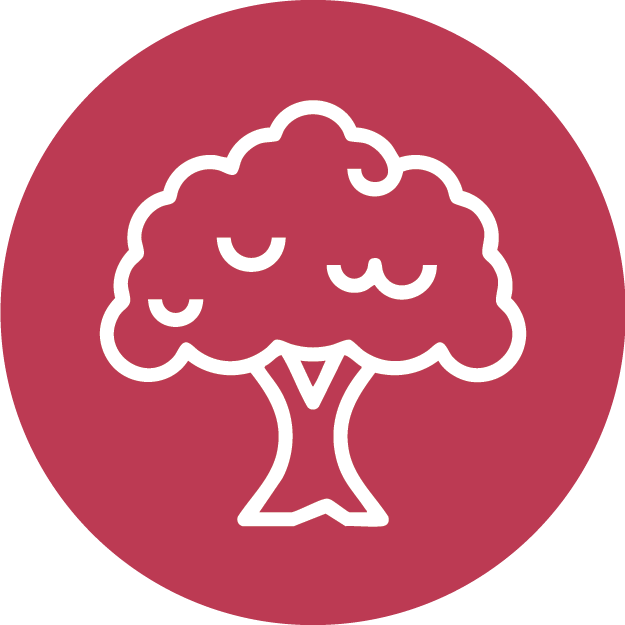 Stylized tree icon on a red background, symbolizing nature, growth, and sustainability.
