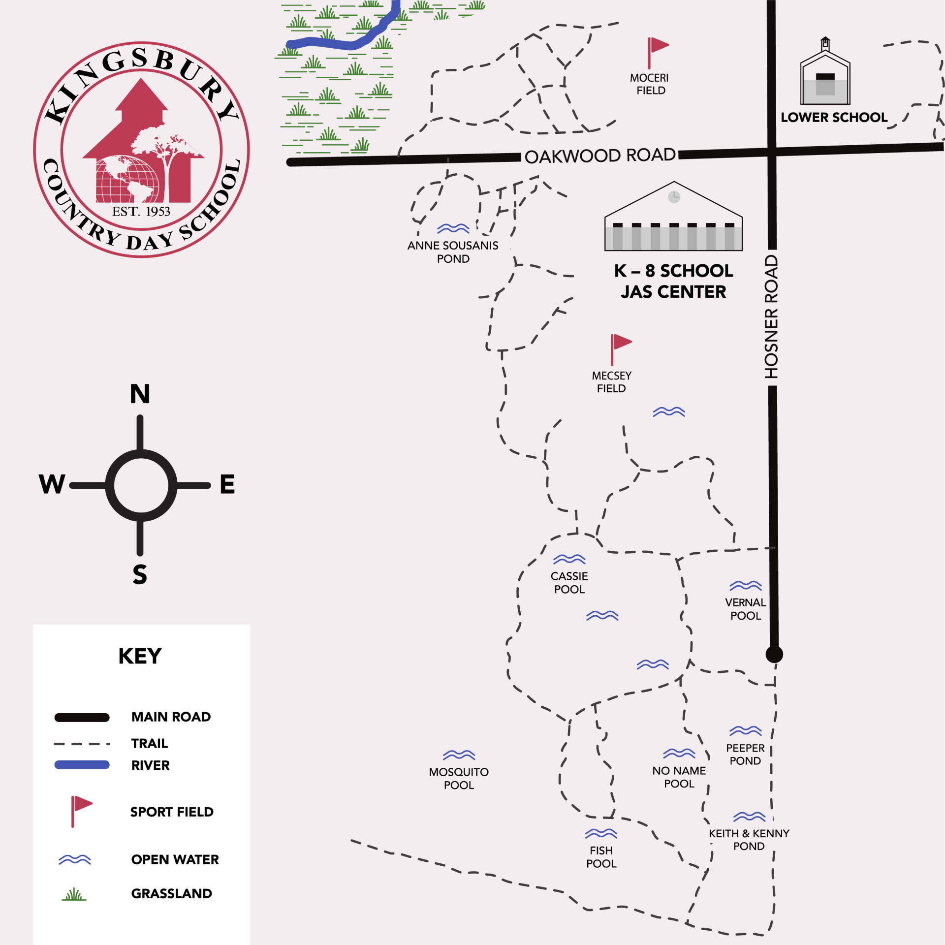 Kingsbury Country Day School campus map highlighting trails, sports fields, and natural features.